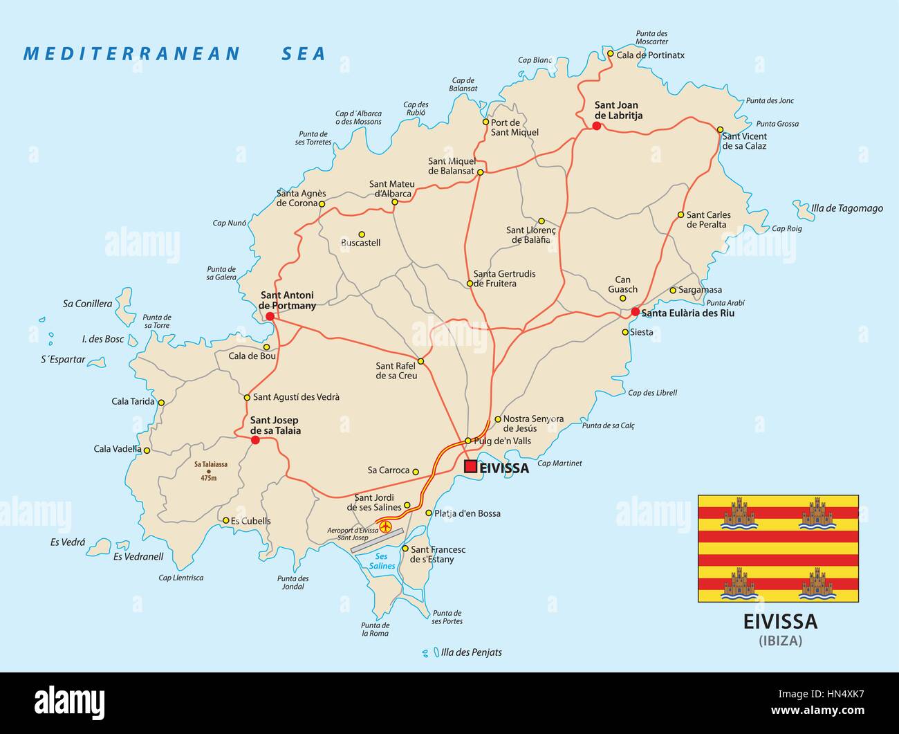 Vettore mappa stradale spagnola di mare Mediterraneo Eivissa con bandiera.eps Illustrazione Vettoriale