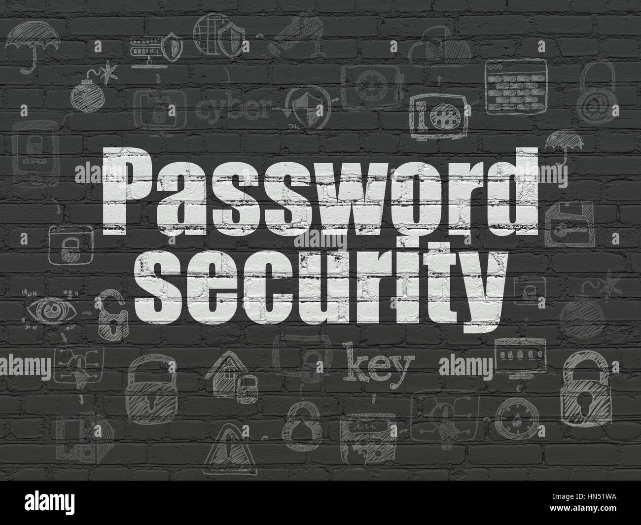 Il concetto di privacy: dipinto di bianco testo Sicurezza password su Nero parete di mattoni sfondo con schema di disegnato a mano le icone di protezione Foto Stock