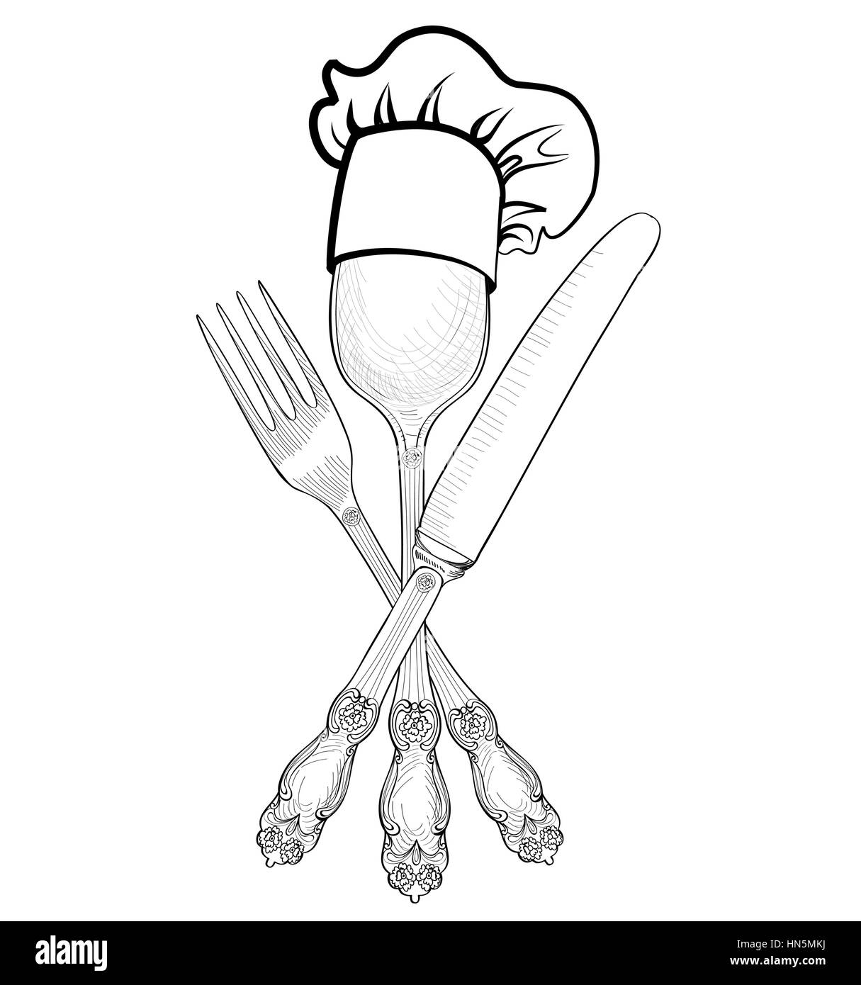 Cuocere hat su cucchiaio, forcella, coltello disegno a mano schizzo etichetta. posate collezione icona vettore. catering eventi all'aperto e servizio ristorante insegne. Illustrazione Vettoriale