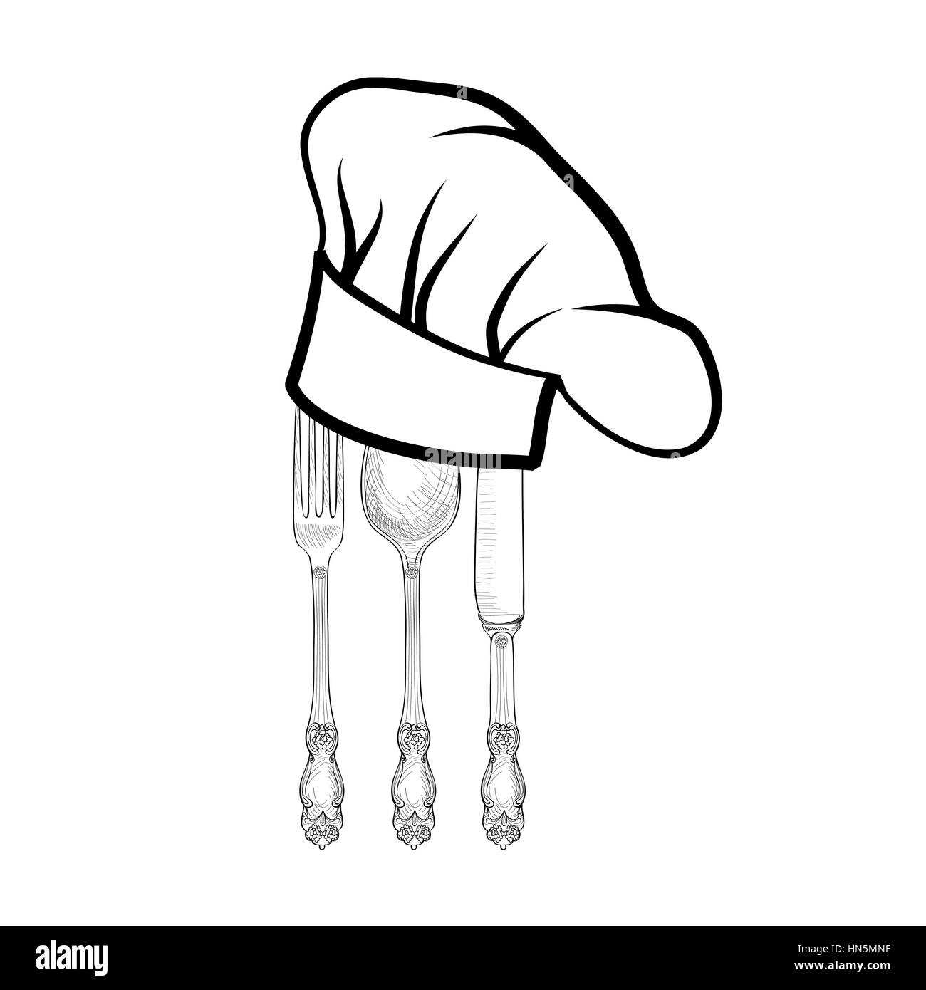 Chef di cucina con cappello di forchetta, cucchiaio e il coltello del  disegno a mano schizzo etichetta. posate icona vettore. catering e servizio  ristorante insignia. ristorante simbolo c Immagine e Vettoriale -