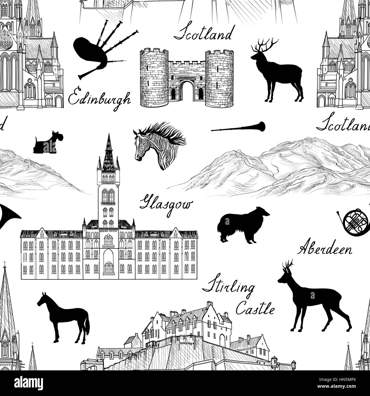 Viaggiare in Scozia famose città punto di riferimento con la calligrafia artigianali. Edimburgo, Glasgow, Aberdeen city seamless pattern per la progettazione architettonica. m Illustrazione Vettoriale