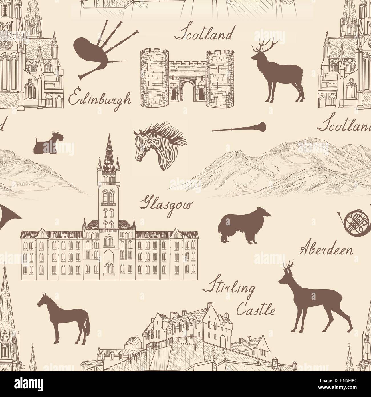 Viaggiare in Scozia famose città punto di riferimento con la calligrafia artigianali. Edimburgo, Glasgow, Aberdeen city seamless pattern per la progettazione architettonica. m Illustrazione Vettoriale