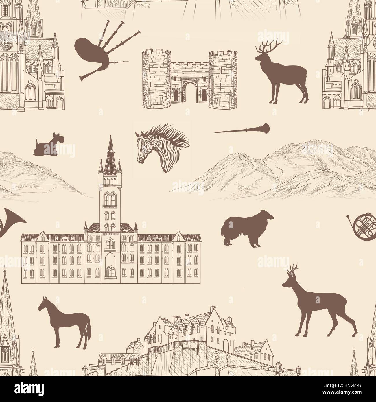 Viaggiare in Scozia famose città punto di riferimento con la calligrafia artigianali. Edimburgo, Glasgow, Aberdeen city seamless pattern per la progettazione architettonica. m Illustrazione Vettoriale