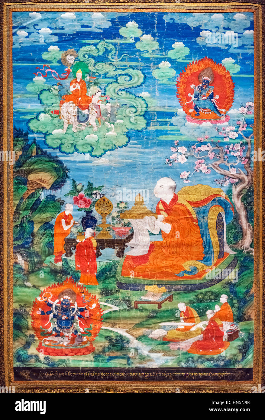 Thangka tibetana. Panno dipinto dal titolo "Khedrubje rende un offerta a Tzong Khapa', c.1736-1795, Cina Foto Stock