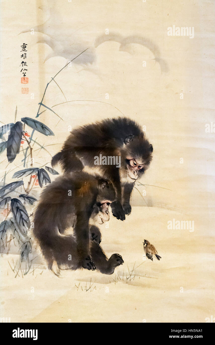 Arte giapponese. Inchiostro e colore della pittura di scorrimento 'Monkeys e passeri' da Mori Sosen, c.1800 (periodo Edo). Foto Stock