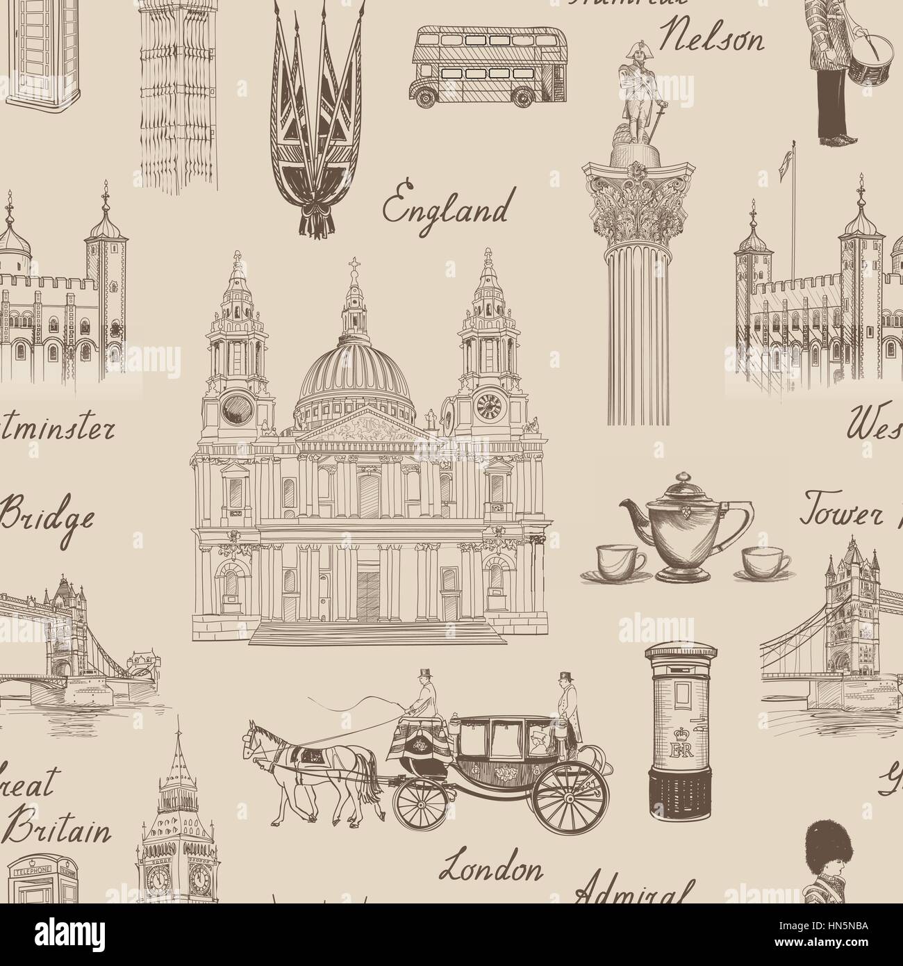 Simbolo di londra seamless pattern. doodle travel europe sketchy lettering famosi monumenti architettonici e simboli. Inghilterra vintage icone te del vettore Illustrazione Vettoriale