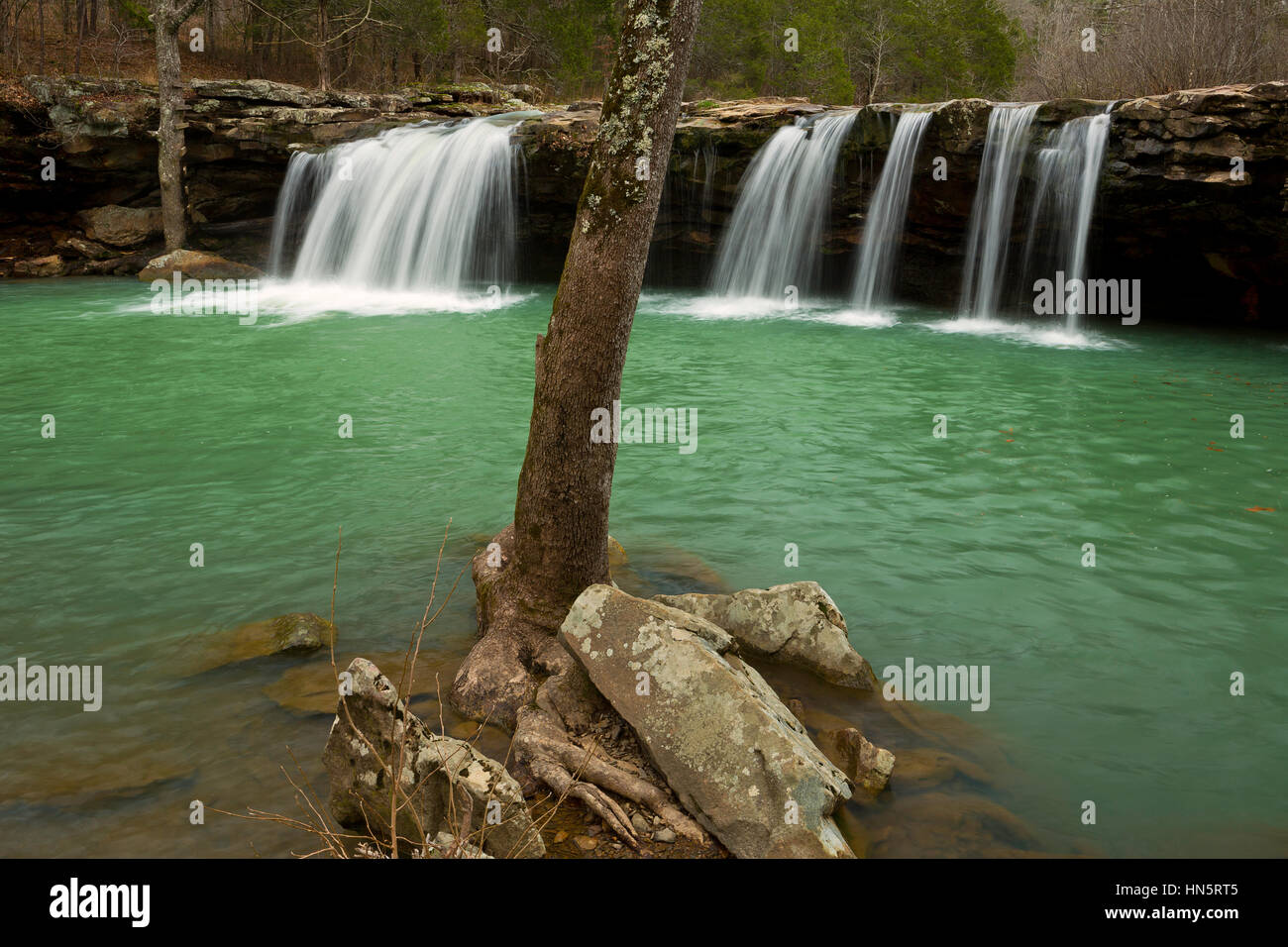 Caduta di acqua scende lungo la caduta di acqua Creek in Arkansas in primavera. Stati Uniti d'America. Foto Stock