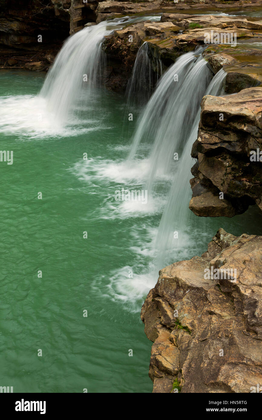 Caduta di acqua scende lungo la caduta di acqua Creek in Arkansas in primavera. Stati Uniti d'America. Foto Stock