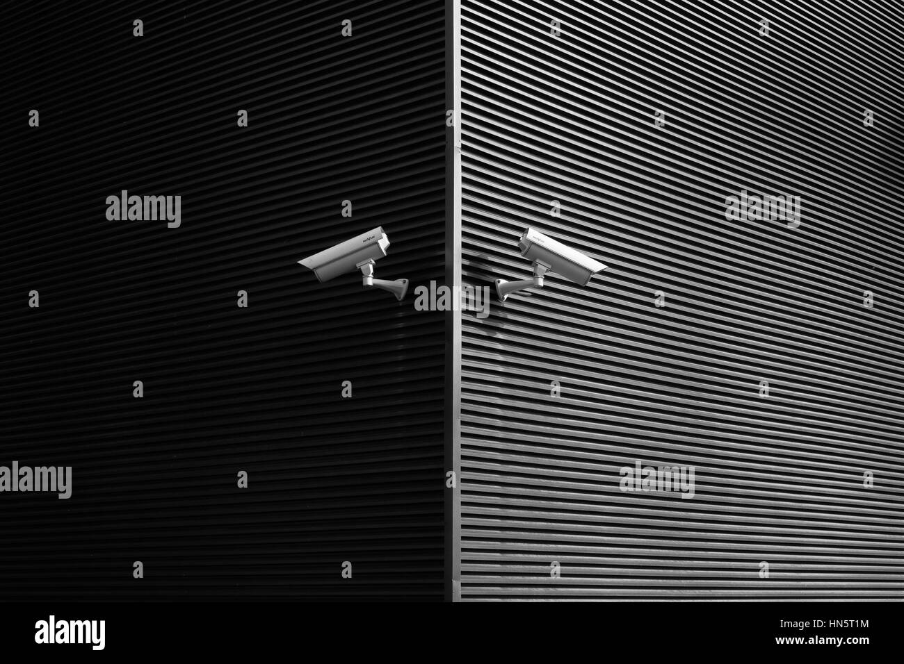 Due telecamere in bianco su sfondo nero Foto Stock