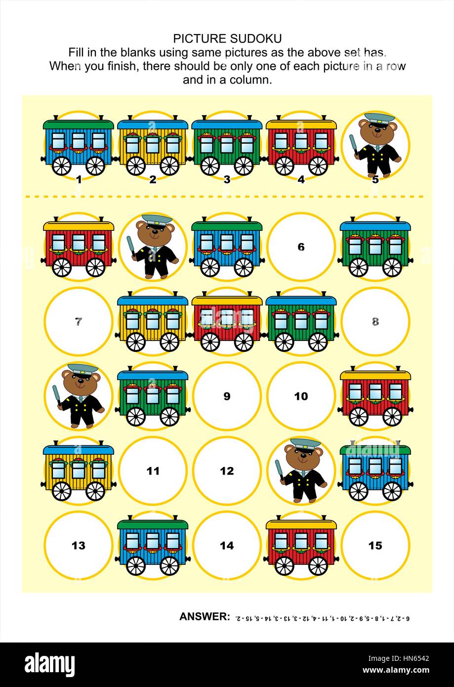 A tema ferroviario foto puzzle SUDOKU 5x5 (un blocco) con treno e auto orsacchiotto come uomo ferroviaria. Risposta inclusa. Illustrazione Vettoriale