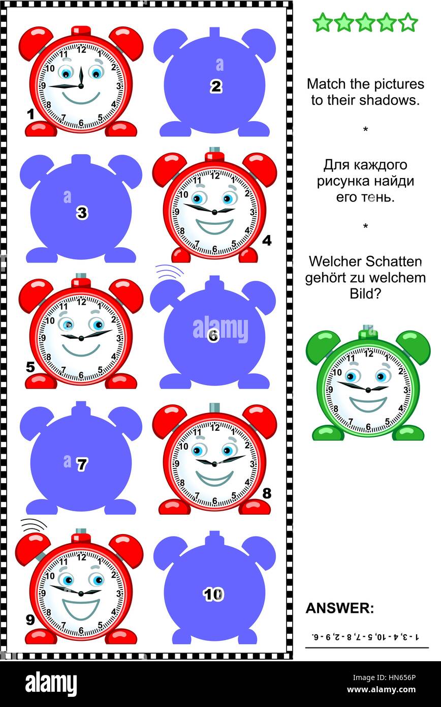 Visual puzzle: abbinare le immagini di allarme rosso orologi per le loro ombre. Risposta inclusa. Illustrazione Vettoriale