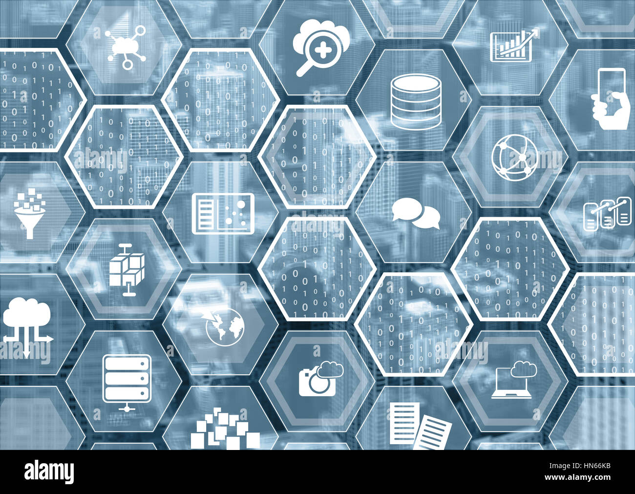 Il cloud computing blue sfondo sfocato con esagono forme e simboli Foto Stock