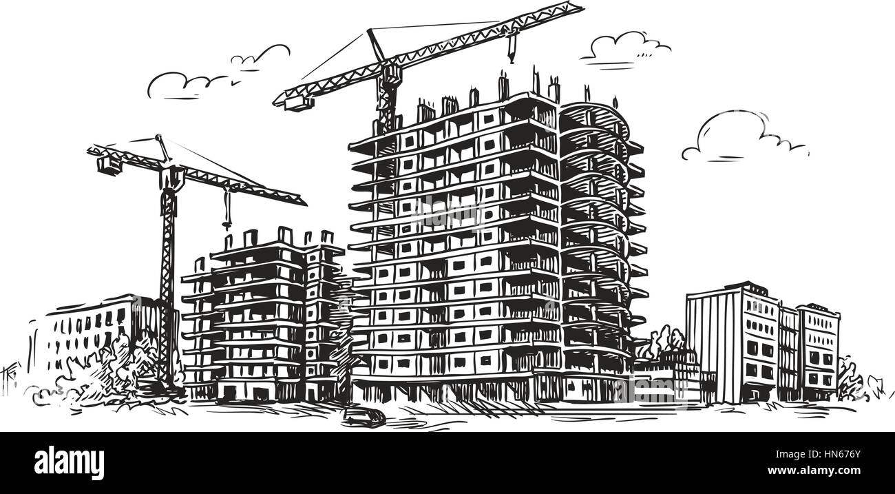 Costruzione urbana, edificio sketch. Città, casa, paese illustrazione vettoriale Illustrazione Vettoriale