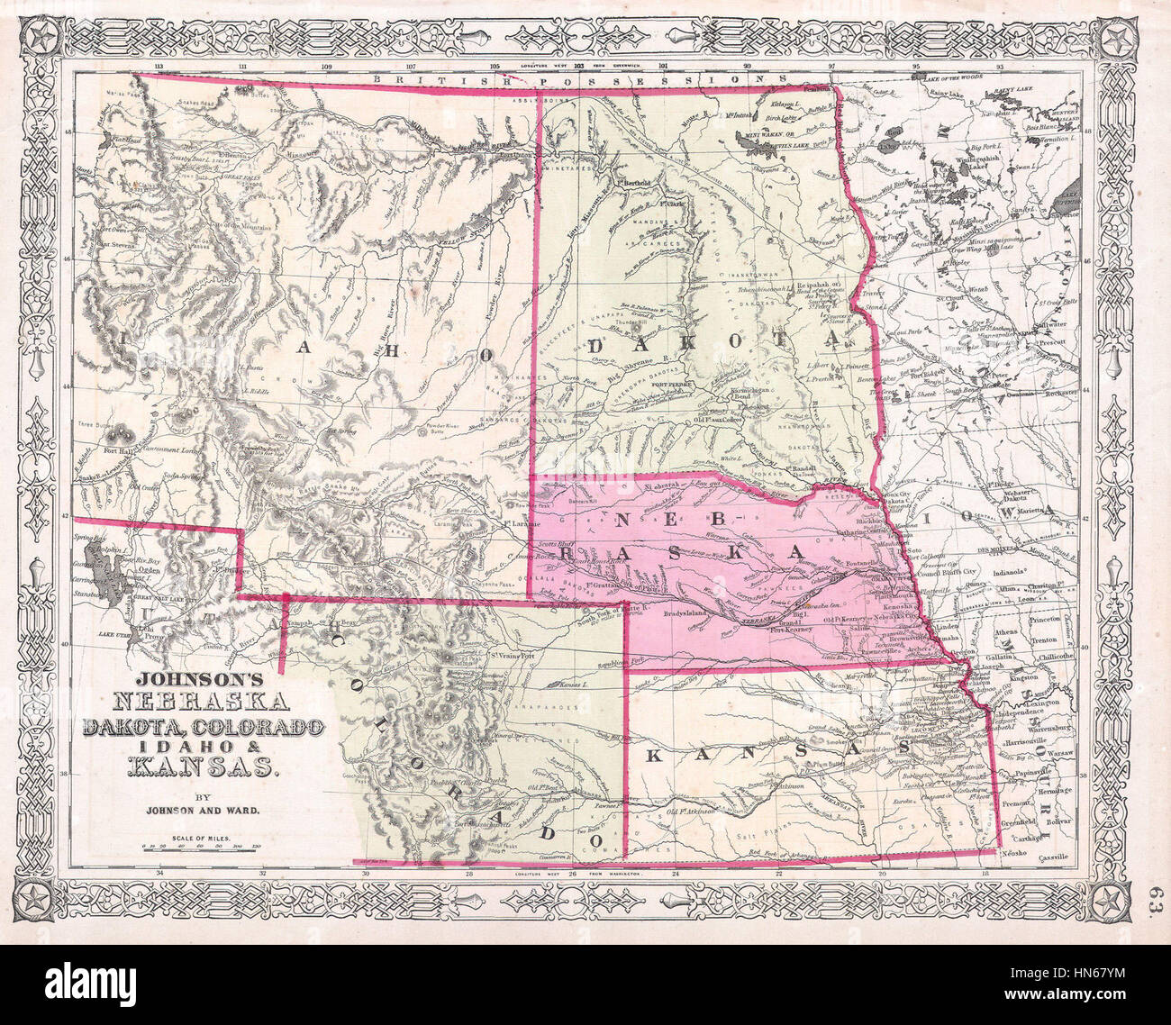 Dakota, Idaho, Nebraska ^ Kansas - Geographicus - COCANE-J-64, 1863 Johnson Mappa di Colorado Foto Stock