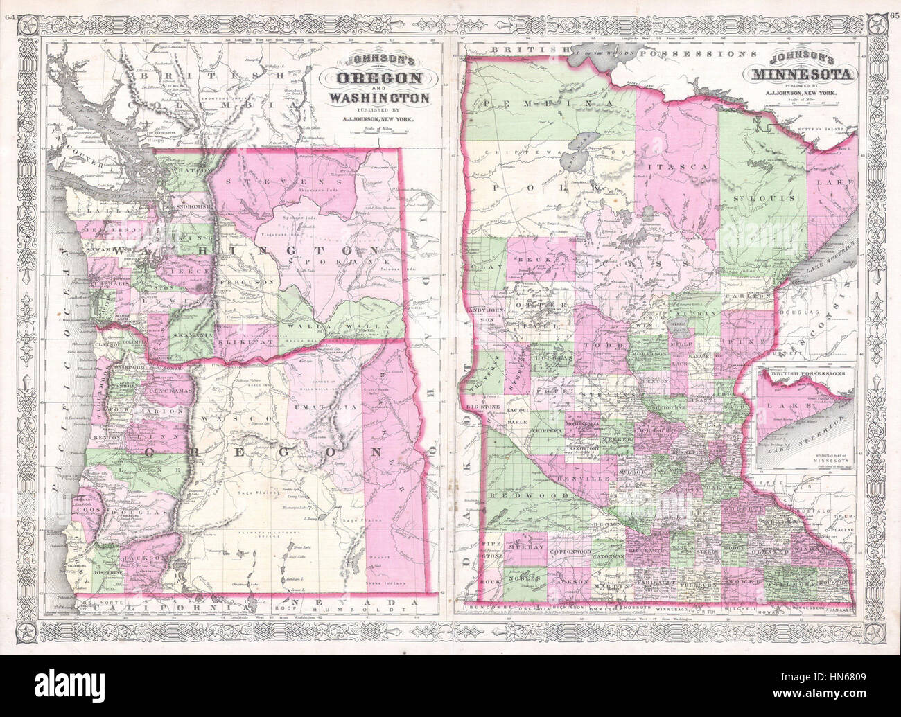 Oregon ^ Minnesota - Geographicus - WAORMN-J-65, 1865 Johnson Mappa di Washington Foto Stock