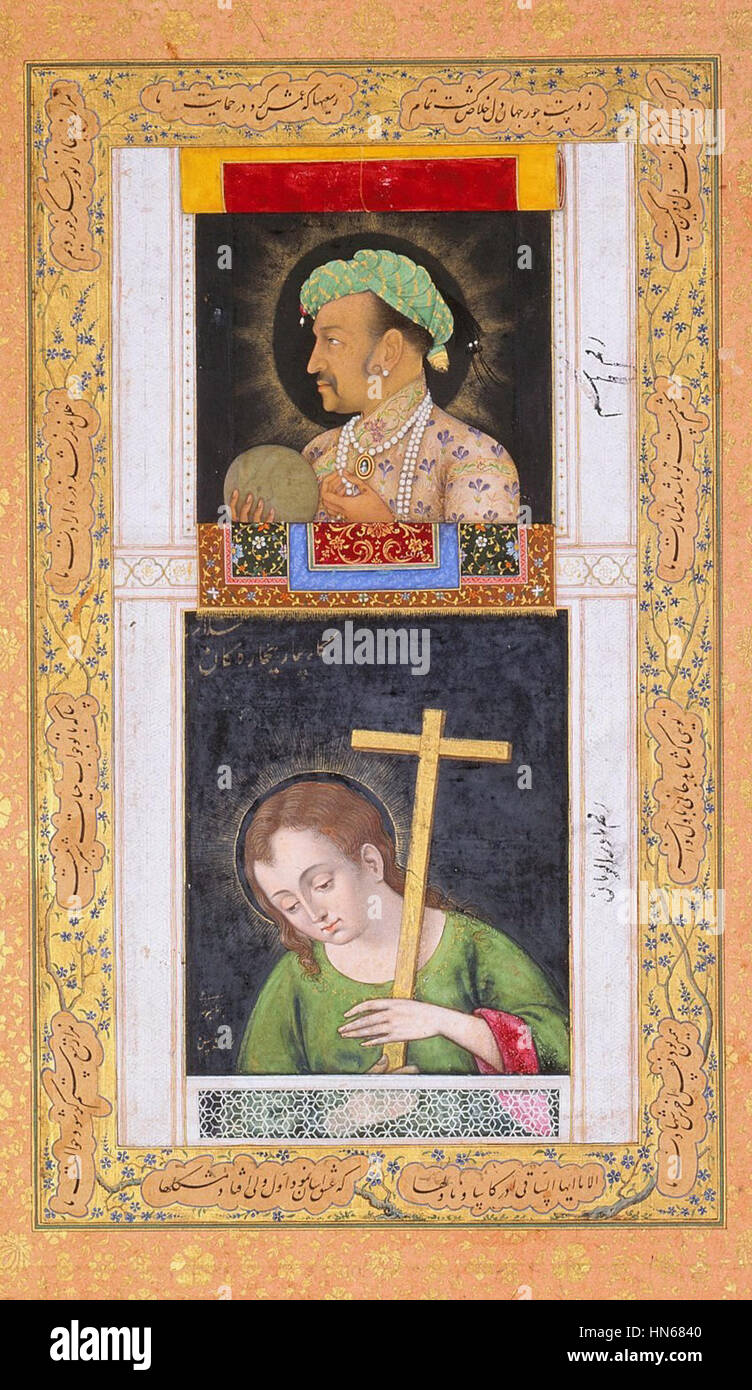 C. 1610-1620. Chester Beatty Library, Dublino, 1 Hashim e Abu'l'Hasan. E Jahangir Jahangir Gesù e Gesù. Da Jahangir Hashim c. 1615-1620. Gesù da Abu'l-Hasan Foto Stock