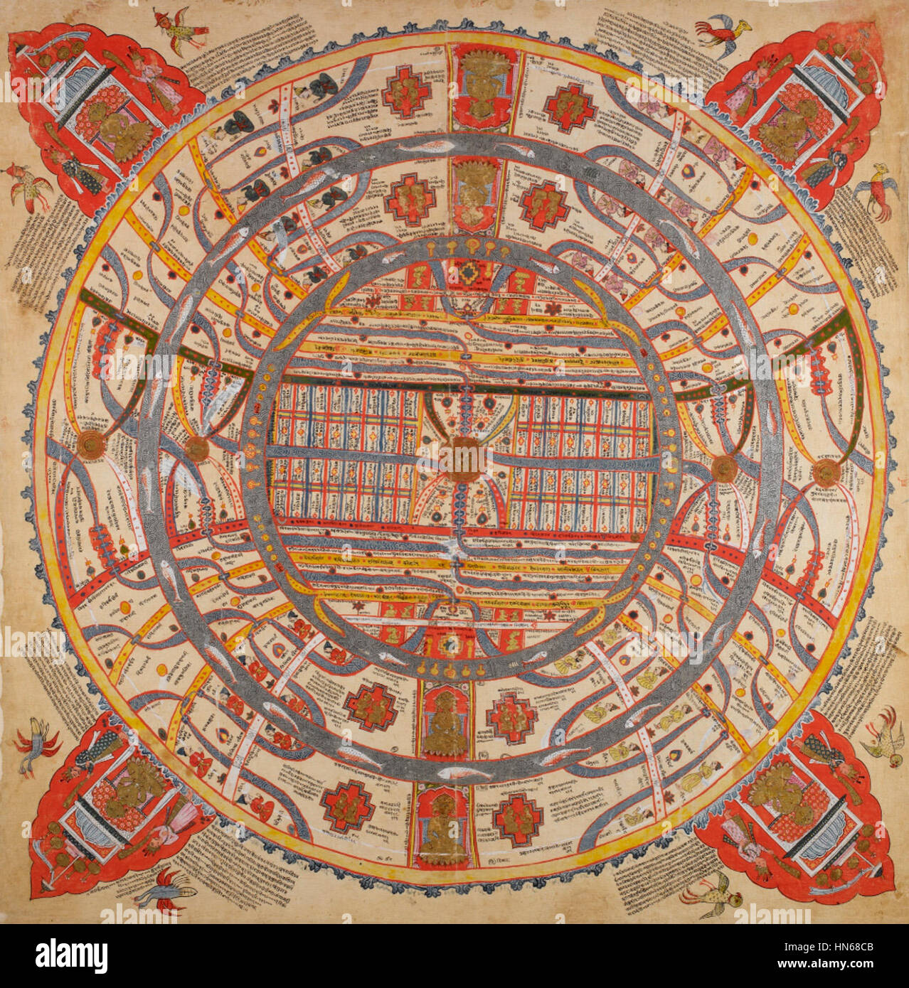 "Due e una metà continenti". Pittura su stoffa, XVIII secolo (British Library o 13937), Aḍhāī-dvīpa Foto Stock