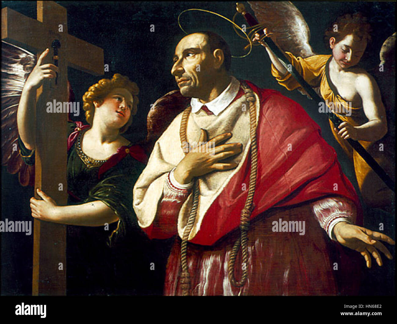 "A Grammatica San Carlos Borromeo con dos Ángeles" raffigura San Carlo Borromeo circondato da due angeli. Questa opera d'arte religiosa, ospitata al Worcester Art Museum, riflette la devozione spirituale e lo stile iconografico del periodo. Foto Stock