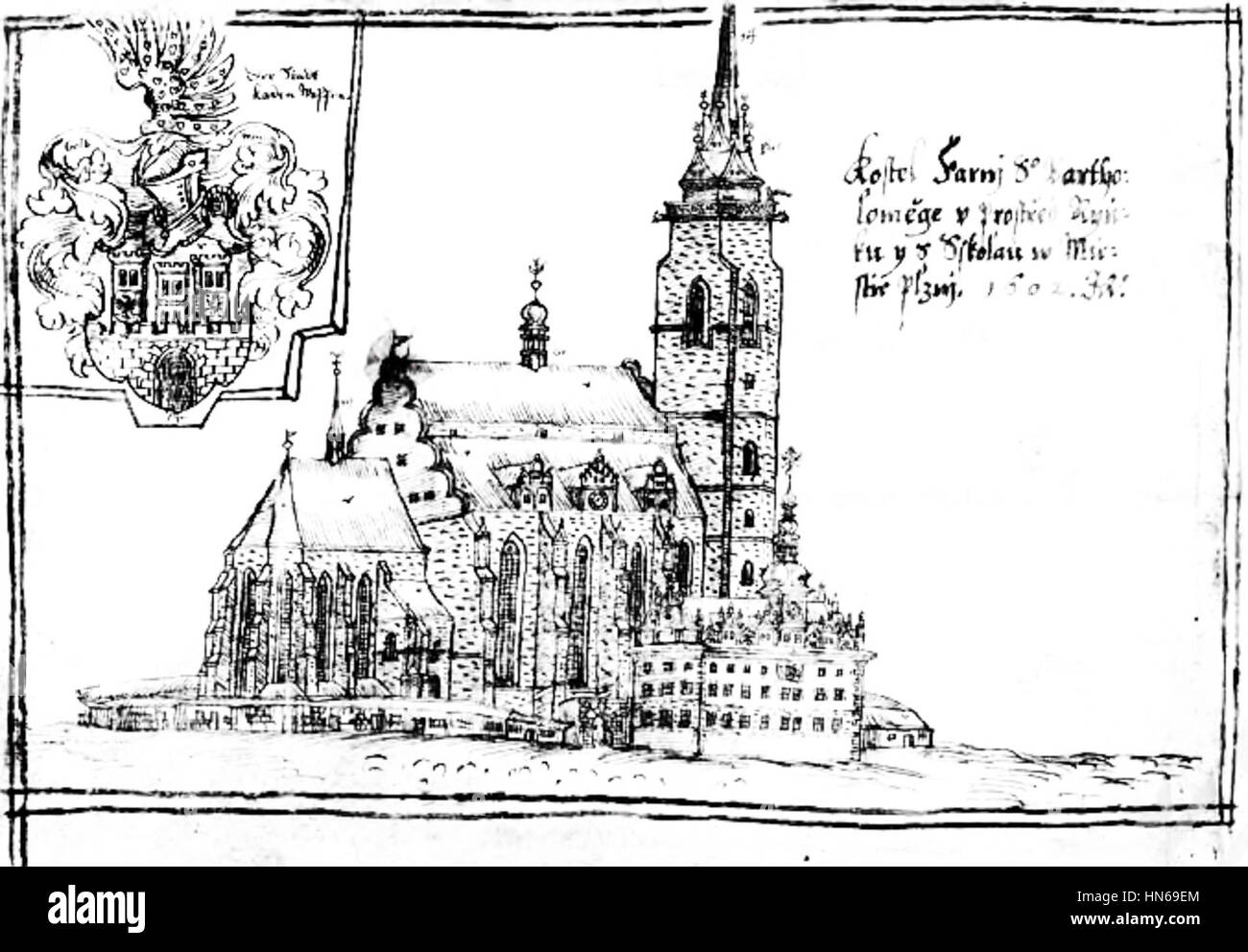 Jan Willenberg, 1602 Kostel sv. Bartoloměje un latinská škola Foto Stock