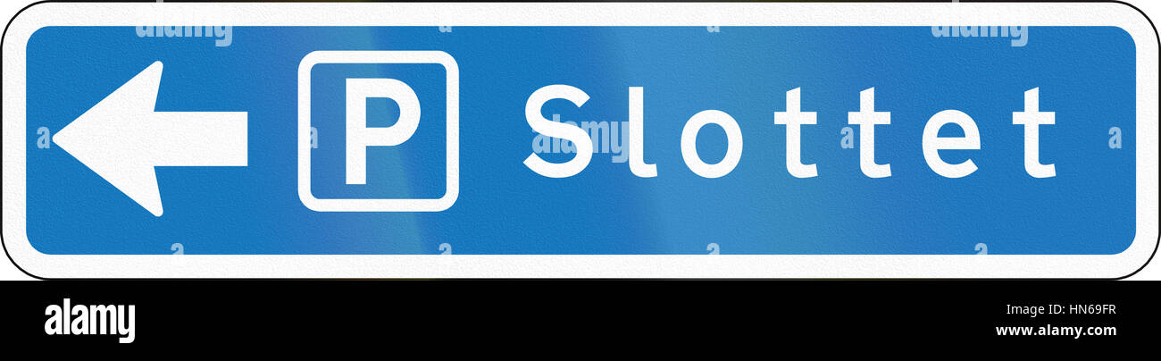 Parcheggio direzione segno utilizzato in Danimarca. Slottet significa Castello. Foto Stock