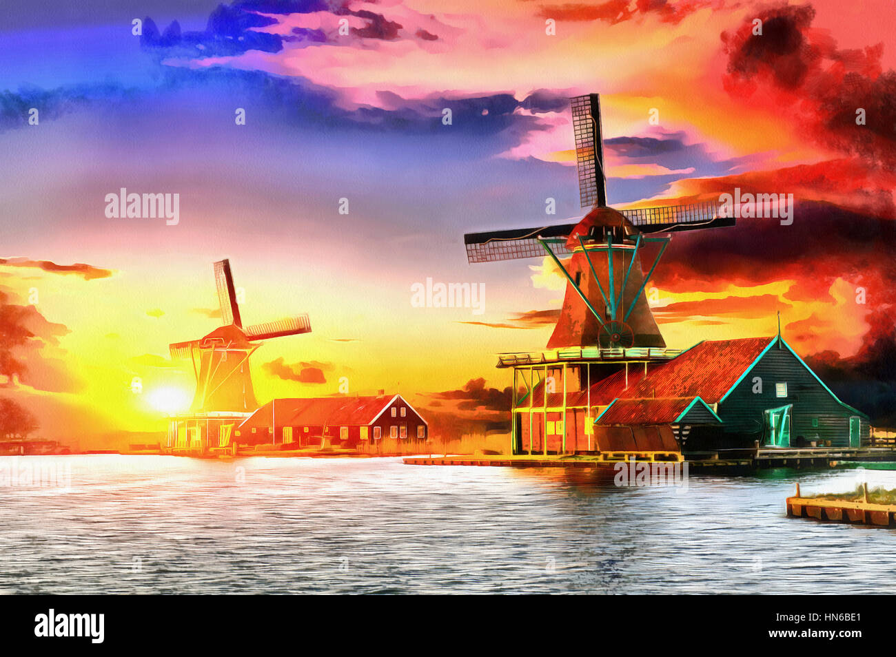 Le opere in stile di pittura ad acquerello. Tramonto sulla m Foto Stock