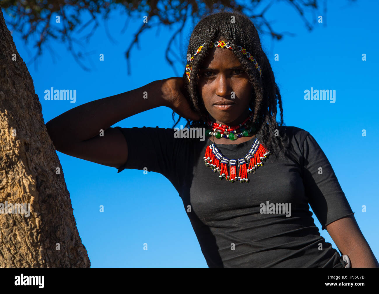 Ritratto di un etnia afar ragazza con i capelli intrecciati, regione di Afar, Chifra, Etiopia Foto Stock