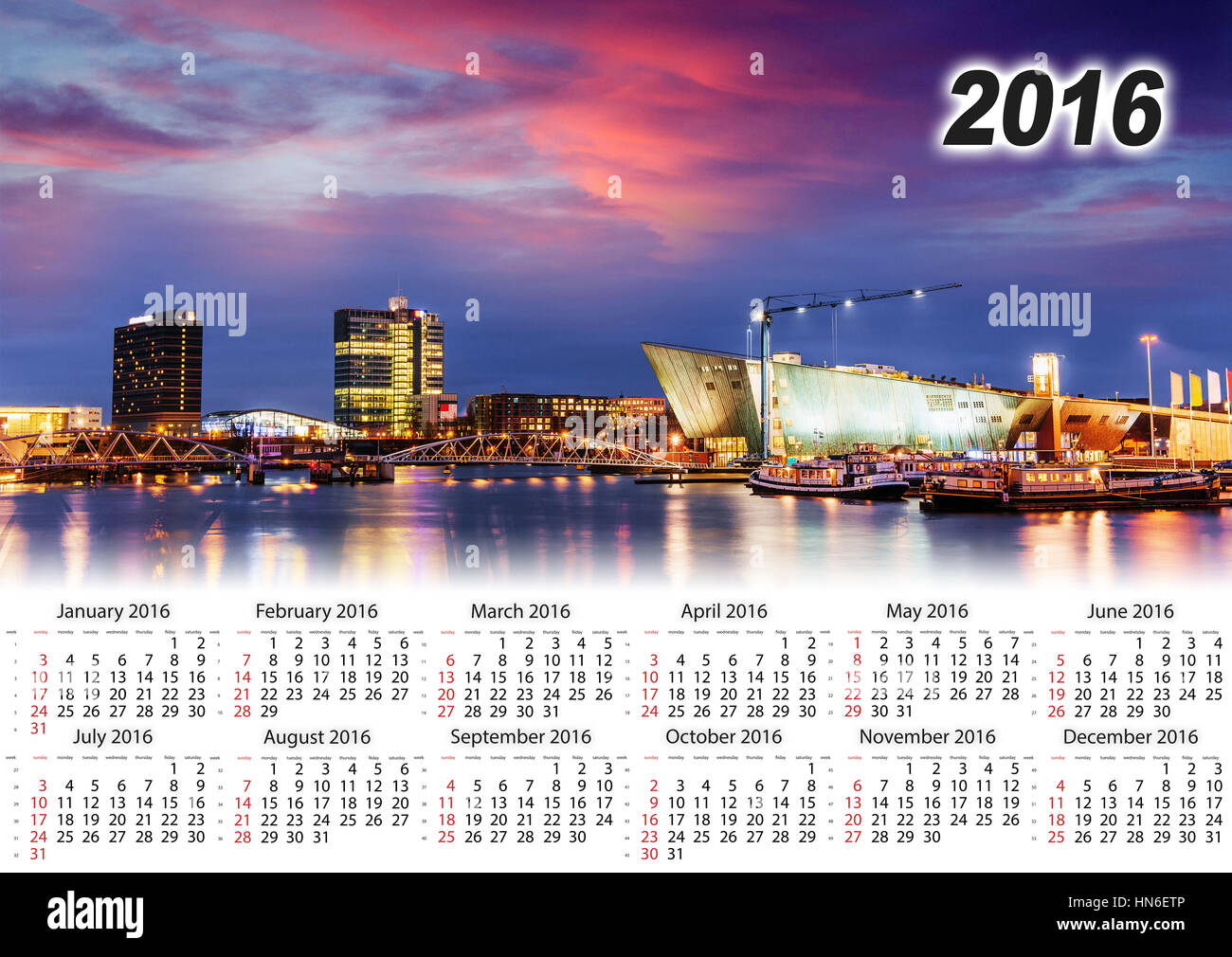 Il calendario 2016. Bella notte a Amsterdam. L'illuminazione Foto Stock
