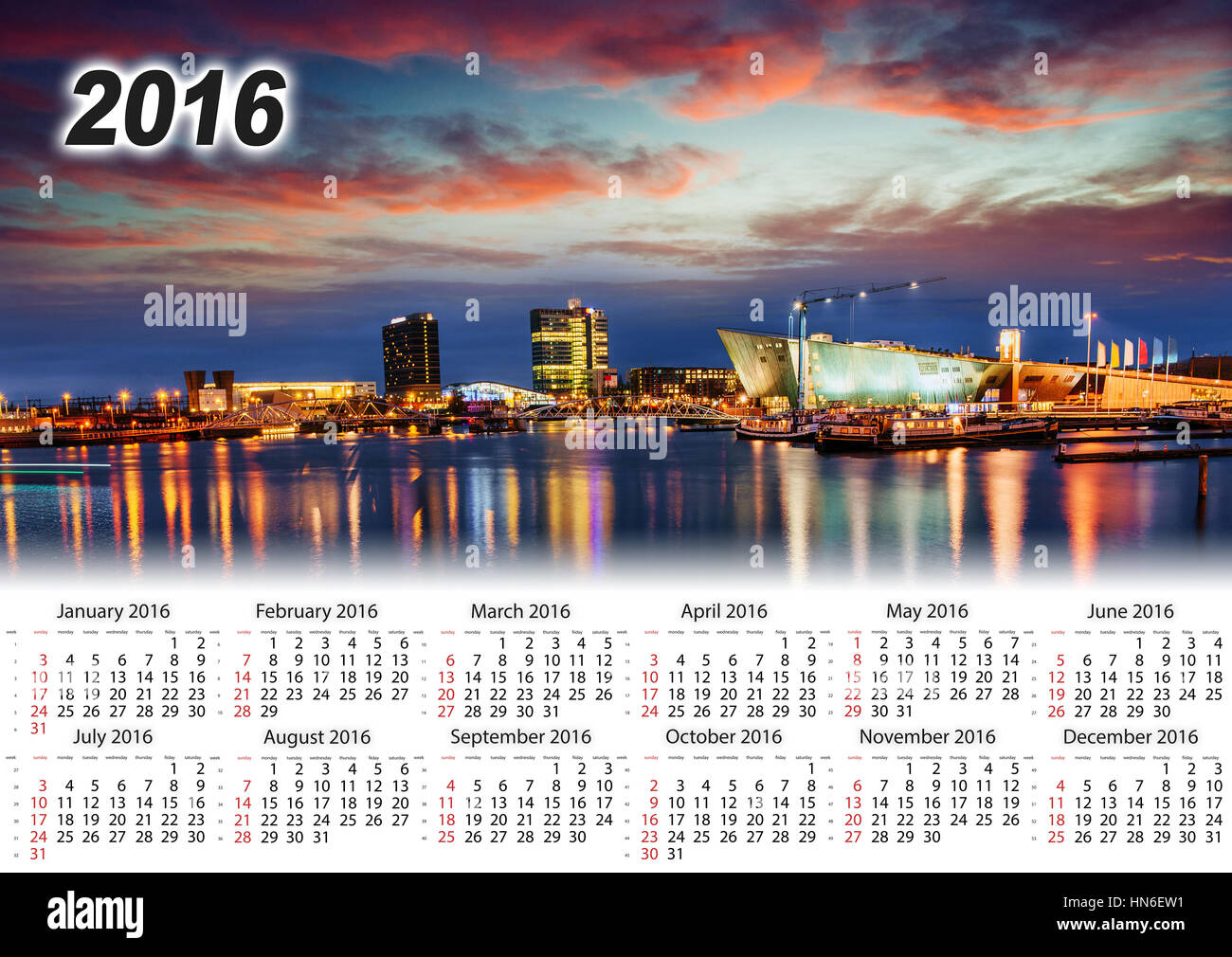 Il calendario 2016. Bella notte a Amsterdam. L'illuminazione Foto Stock