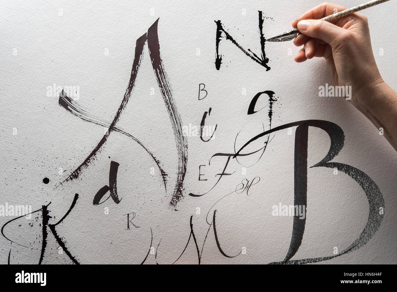 Calligraphy studio, mano scrive la lettera N con cola penna, acquerello in raso, foglio con diverse lettere, Seebruck, Alta Baviera Foto Stock