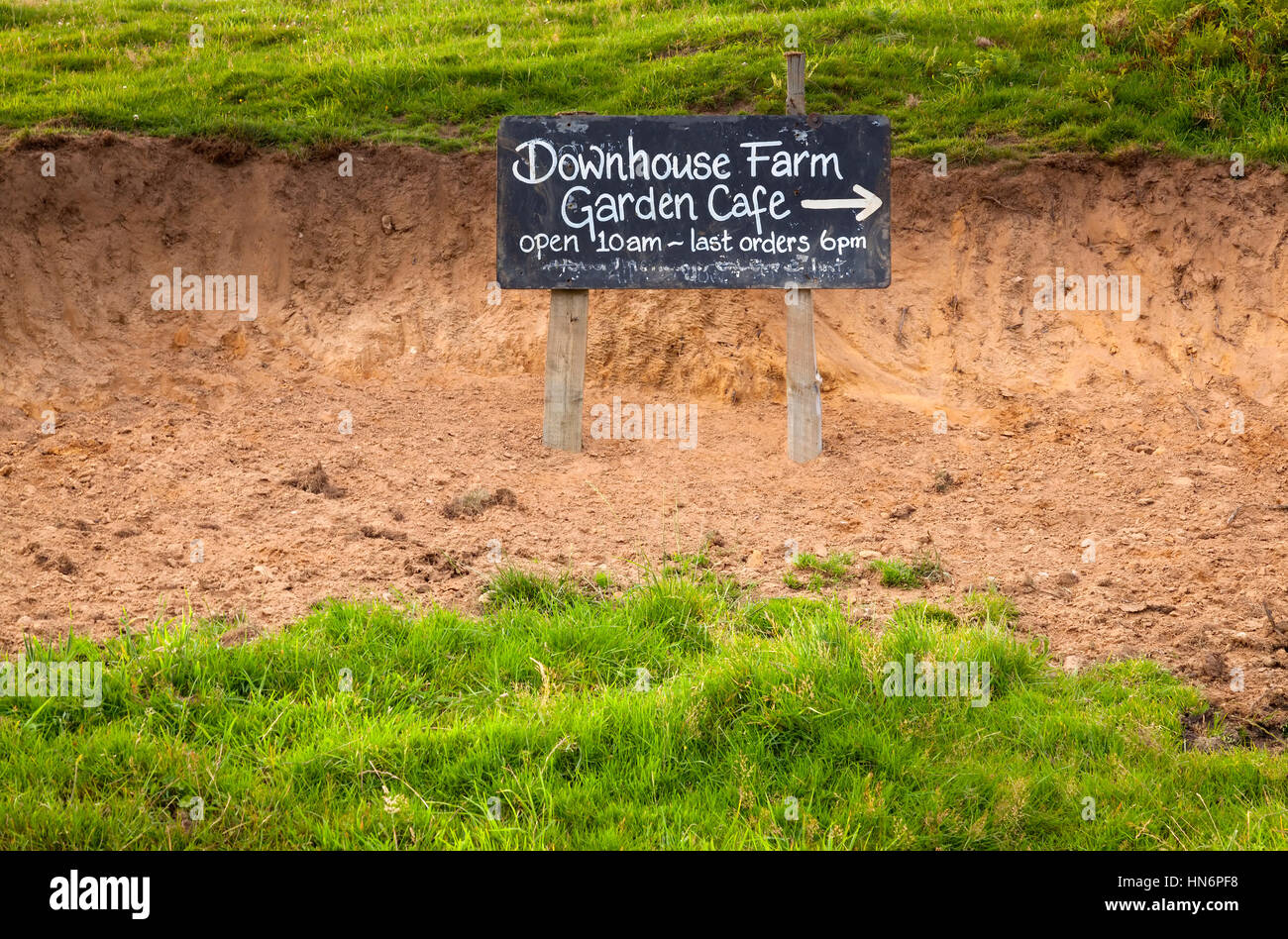 Un segno per la Fattoria Downhouse Garden Cafe lungo la costa sud-ovest percorso nel Dorset, Inghilterra. Foto Stock