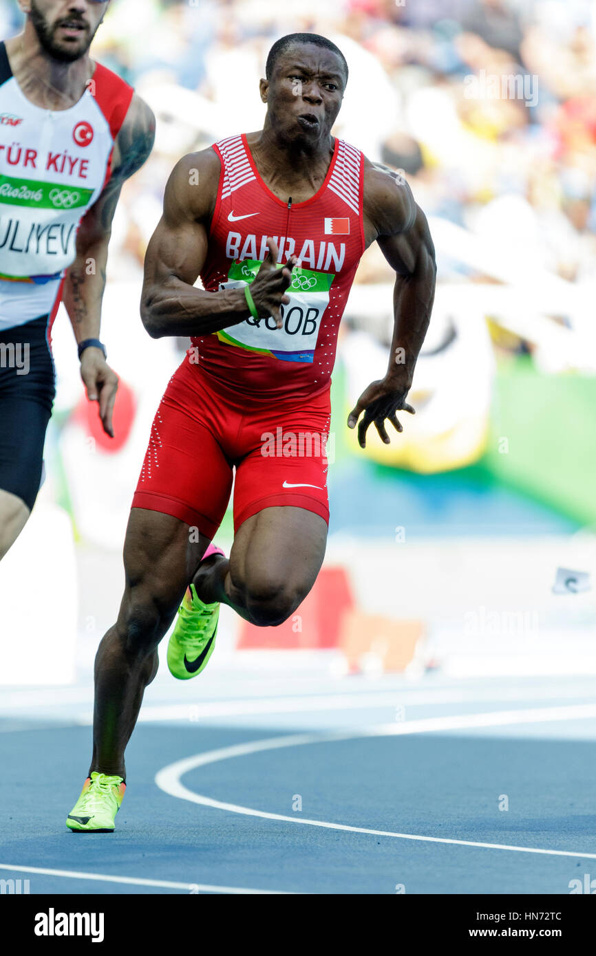 Rio de Janeiro, Brasile. 16 agosto 2016. Atletica, Salem Yaqoob Eid (BHR) a competere in uomini 200m riscalda al 2016 Olimpiadi estive. ©Paolo Foto Stock