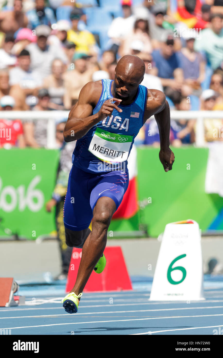 Rio de Janeiro, Brasile. 16 agosto 2016. Atletica, Lashawn Merritt (USA) a competere in uomini 200m riscalda al 2016 Olimpiadi estive. ©Paolo J Foto Stock