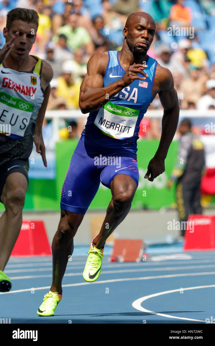 Rio de Janeiro, Brasile. 16 agosto 2016. Atletica, Lashawn Merritt (USA) a competere in uomini 200m riscalda al 2016 Olimpiadi estive. ©Paolo J Foto Stock