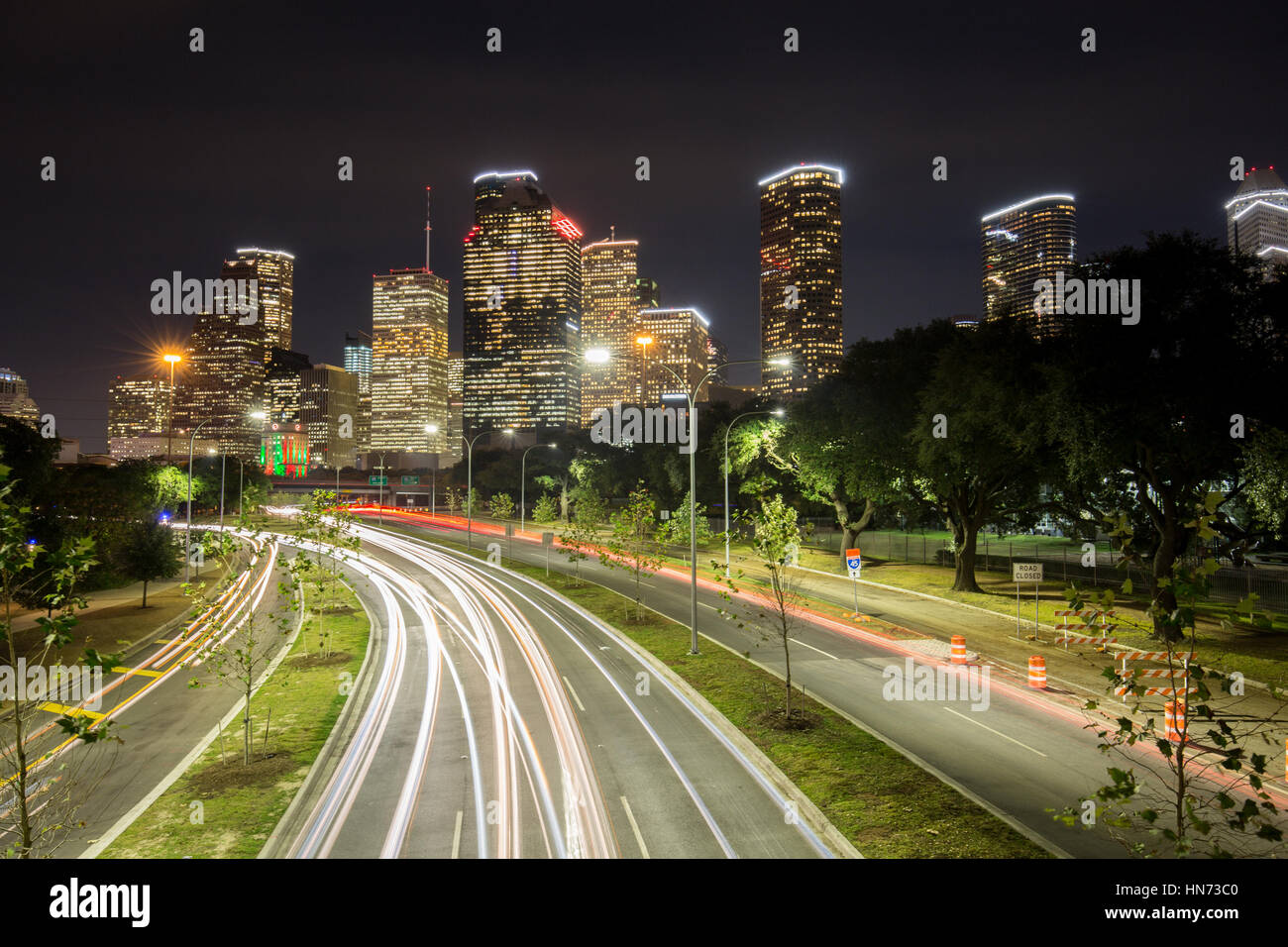 Paesaggio notturno del centro cittadino di Houston di notte o al tramonto Foto Stock