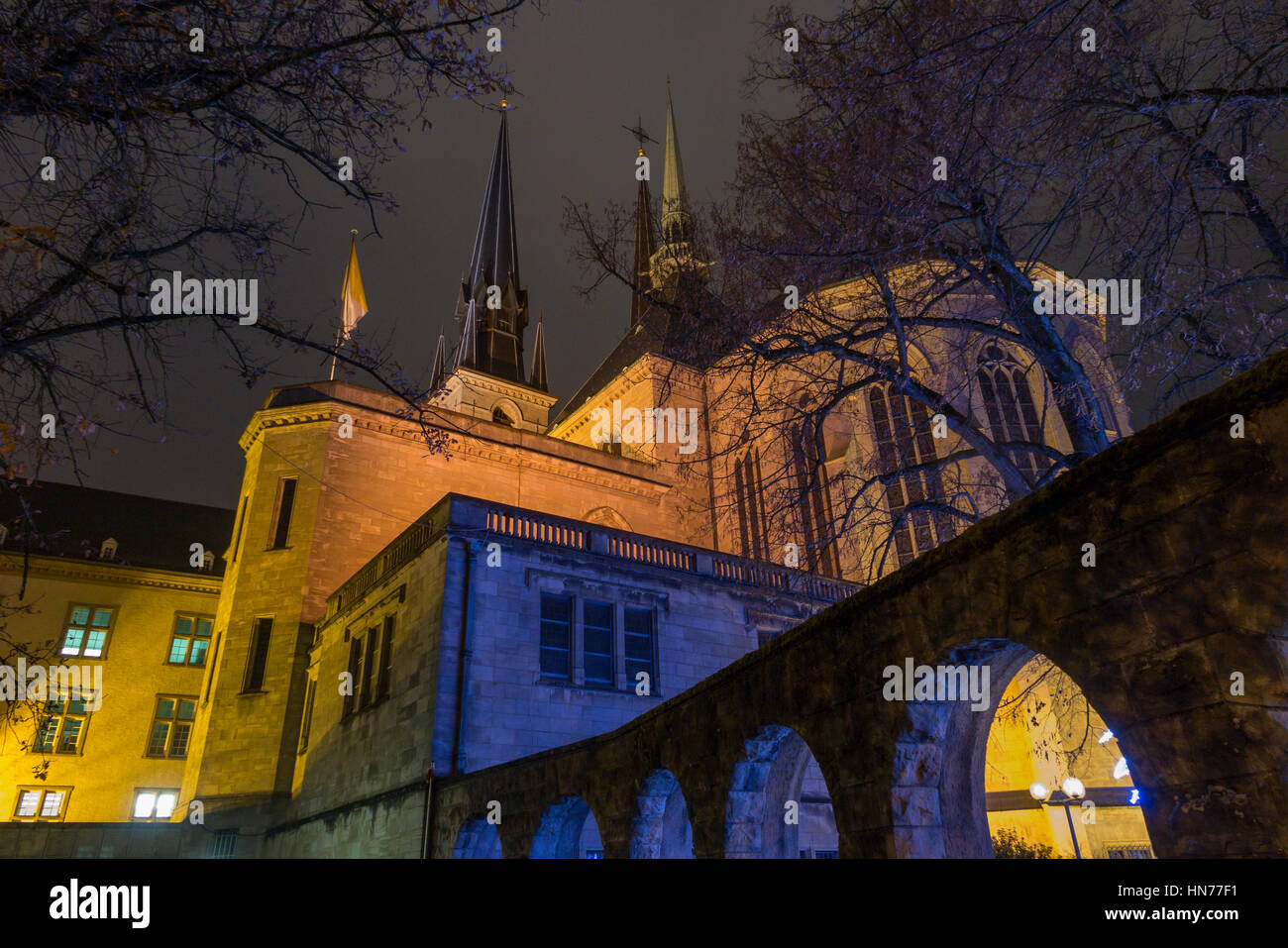 La cattedrale di Notre Dame di notte in Lussemburgo Foto Stock