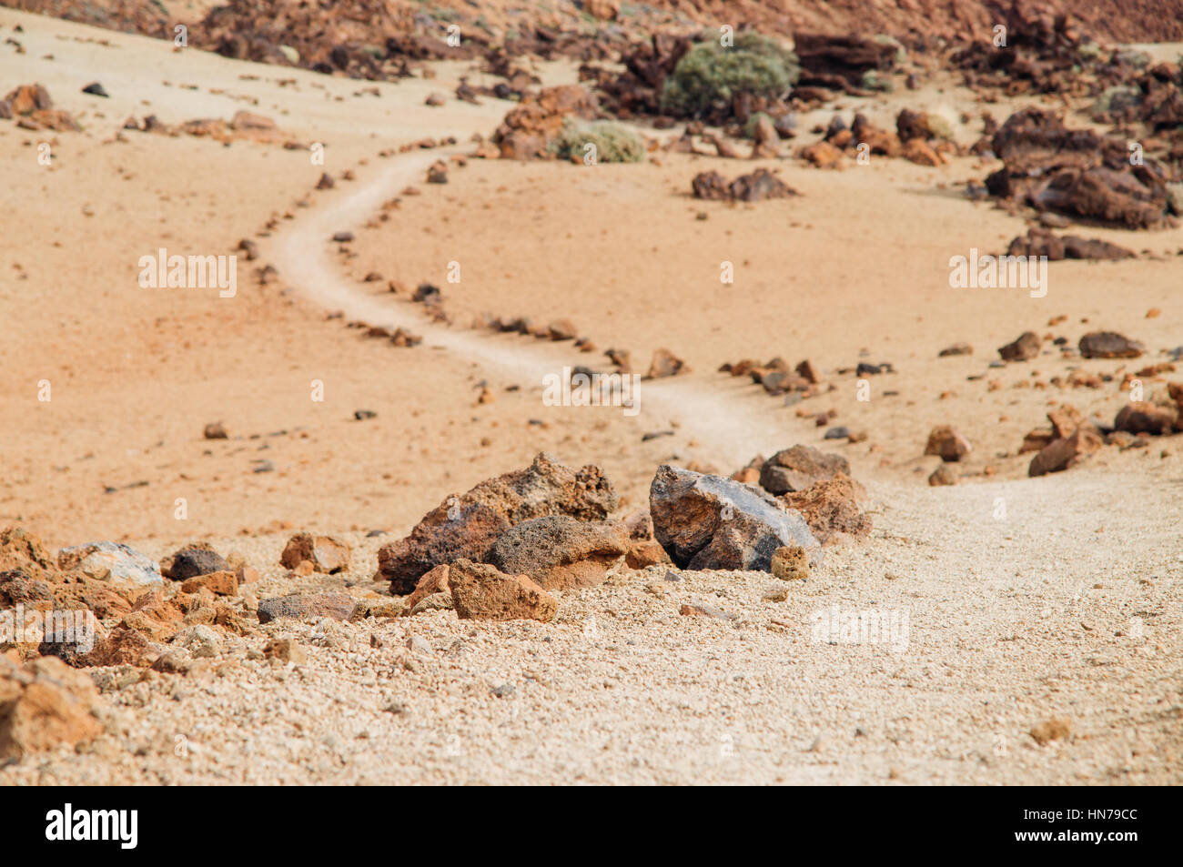 Le rocce vulcaniche, avvolgimento sentiero escursionistico su sfondo, isola di Tenerife, Spagna Foto Stock