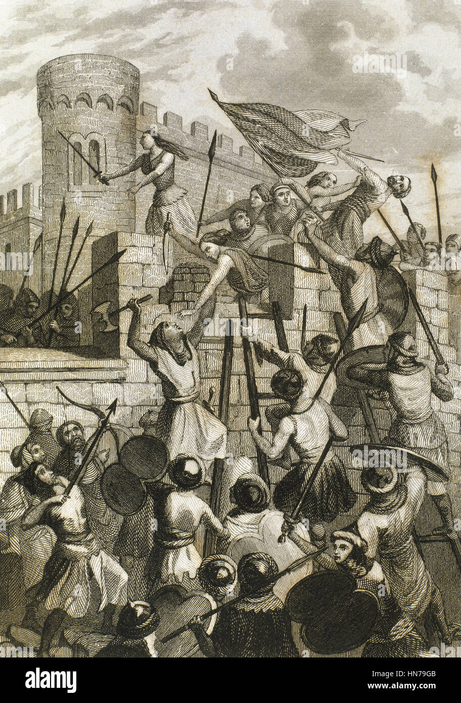 Spagna. Dueñas. Il castello di Dueñas beeing difeso dai castigliani prima uno dei Mussulmani attacco nel IX secolo. Incisione, 1851. Foto Stock