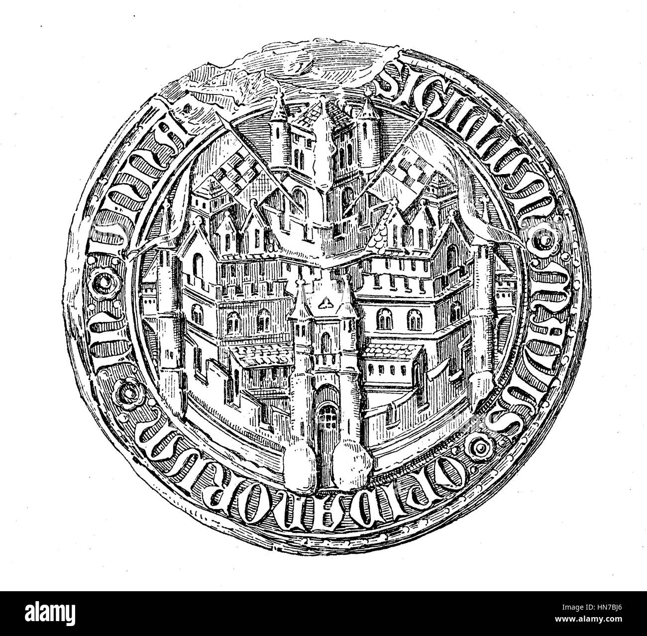 Città medievale di guarnizione dal XIII al XV secolo, qui Unna, Germania, Mittelalterliches Stadtsiegel aus dem 13. bis 15. Jahrhundert, hier Unna, Deutschland, xilografia dal 1885, digitale migliorata Foto Stock