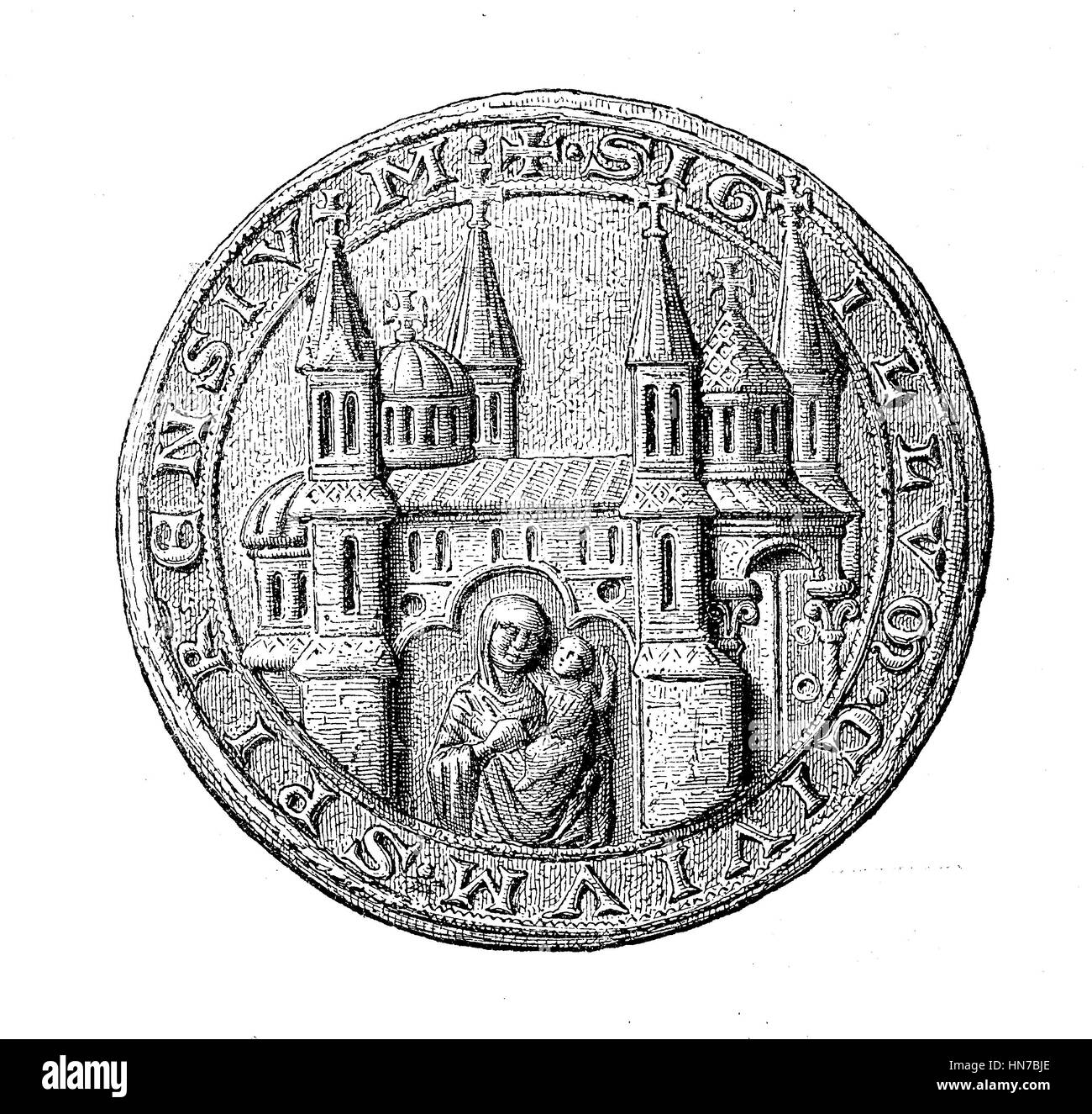 Città medievale di guarnizione dal XIII al XV secolo, qui Speyer, Germania, Mittelalterliches Stadtsiegel aus dem 13. bis 15. Jahrhundert, hier Speyer, Deutschland, xilografia dal 1885, digitale migliorata Foto Stock