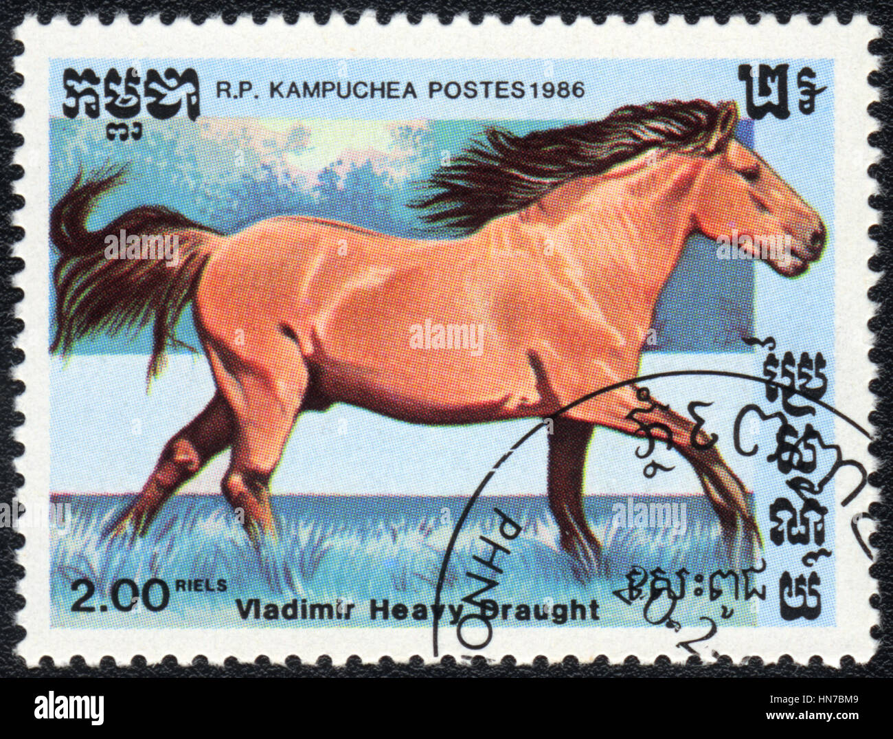 Un francobollo stampato in R.P. Kampuchea mostra un Vladimir di trazione pesante, razza di cavalli serie , circa 1986 Foto Stock