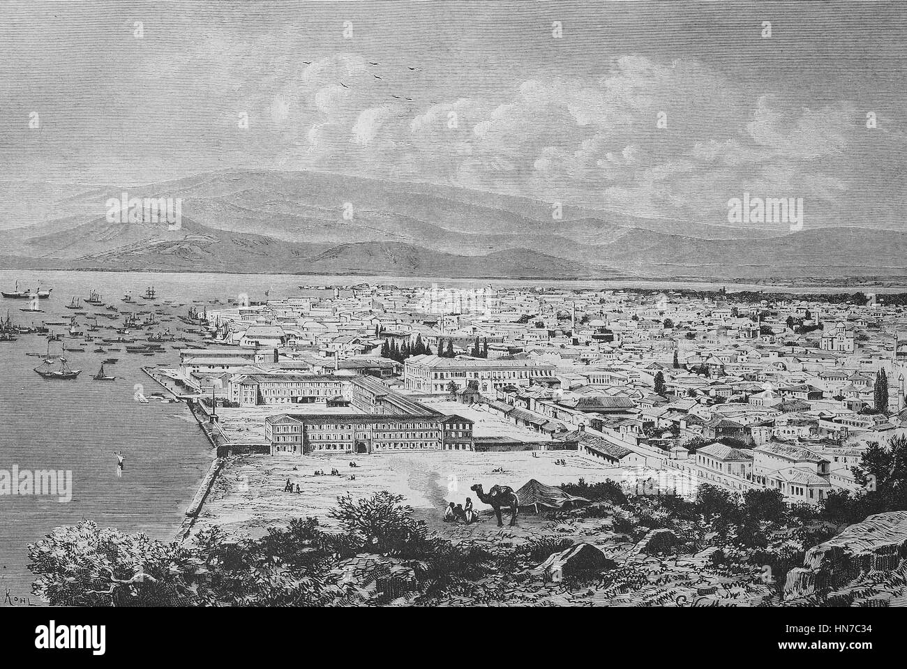 Vista della vecchia città di Smirne, ex Grecia, ora la Turchia, xilografia dal 1885, digitale migliorata Foto Stock