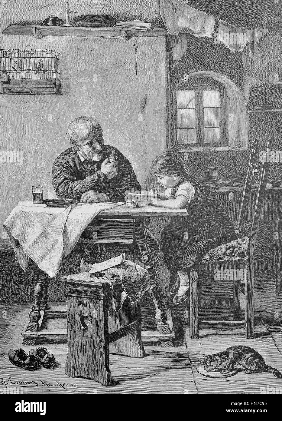 Nonno sotto la supervisione, ragazza praticare su una scrittura di ardesia, Unter Aufsicht Grossvaters, Maedchen uebt auf einer Schiefertafel Schreiben, xilografia dal 1885, digitale migliorata Foto Stock