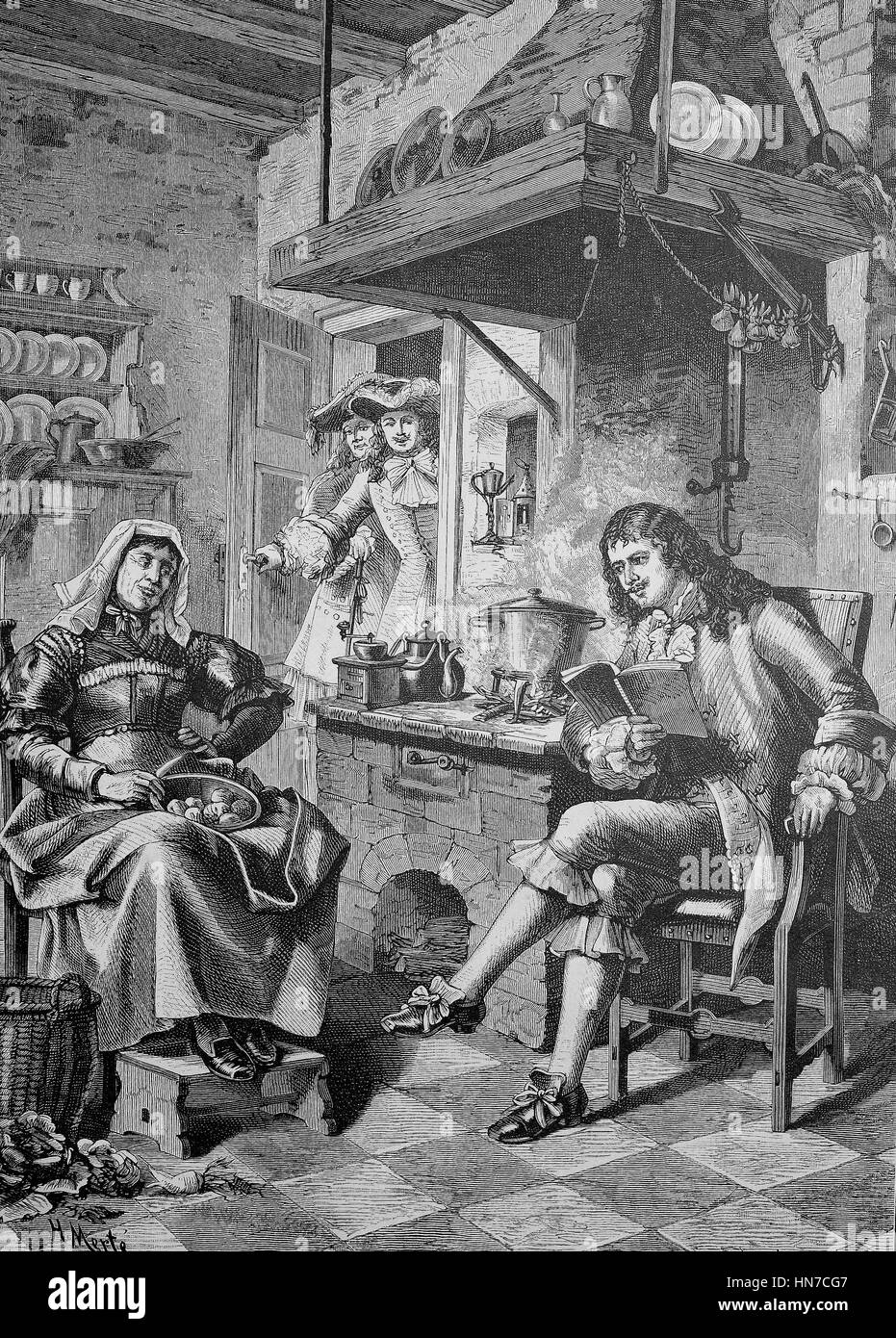 Moliere leggere per la sua schiava un nuovo gioco scritta, Moliere liest circuizione Magd ein eben Lustspiel geschriebenes vor, Moliere, Jean-Baptiste Poquelin, 1622 - 1673, Frankreich, xilografia dal 1885, digitale migliorata Foto Stock