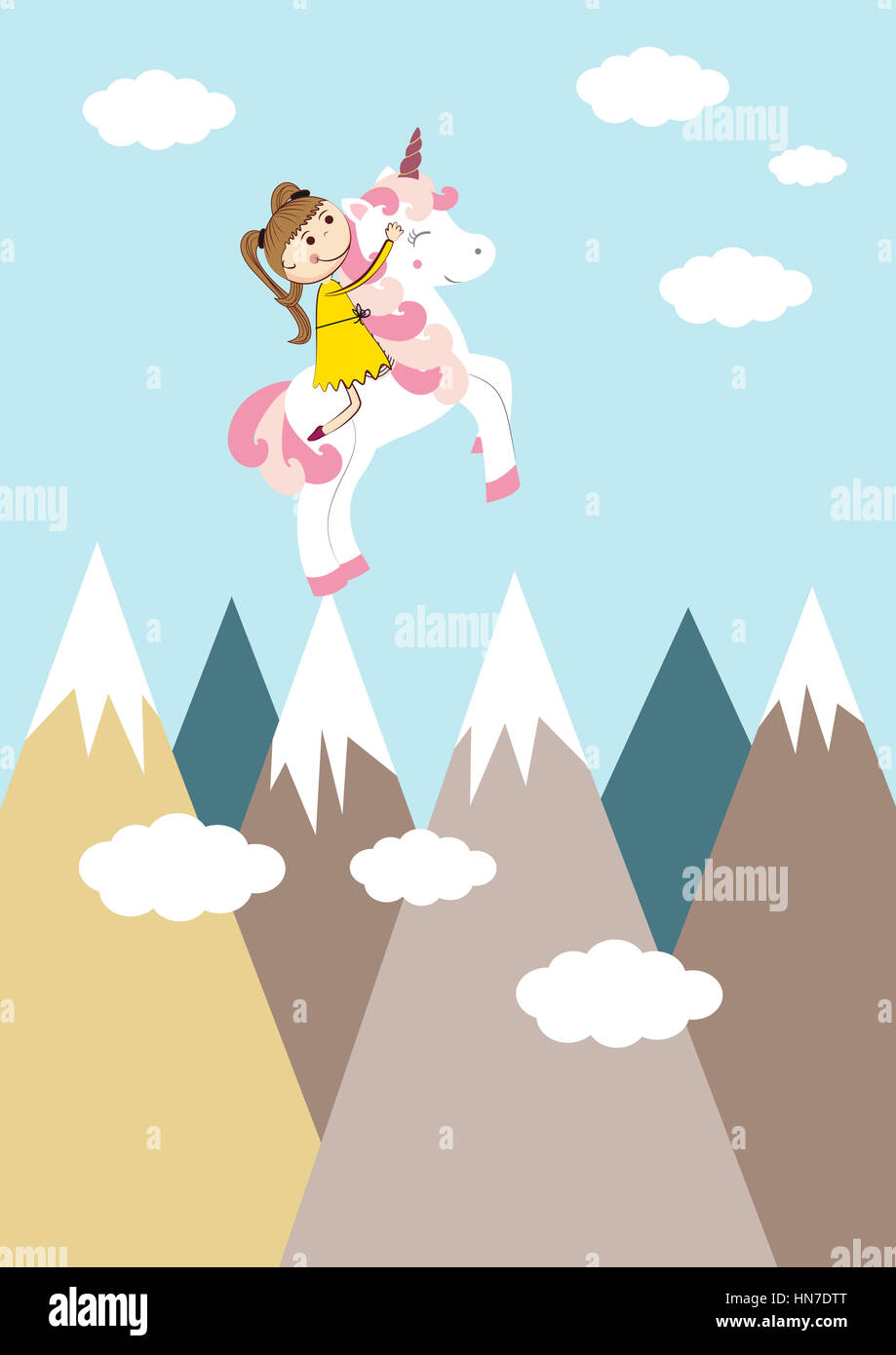 Piccola ragazza e il suo dolce unicorn Foto Stock