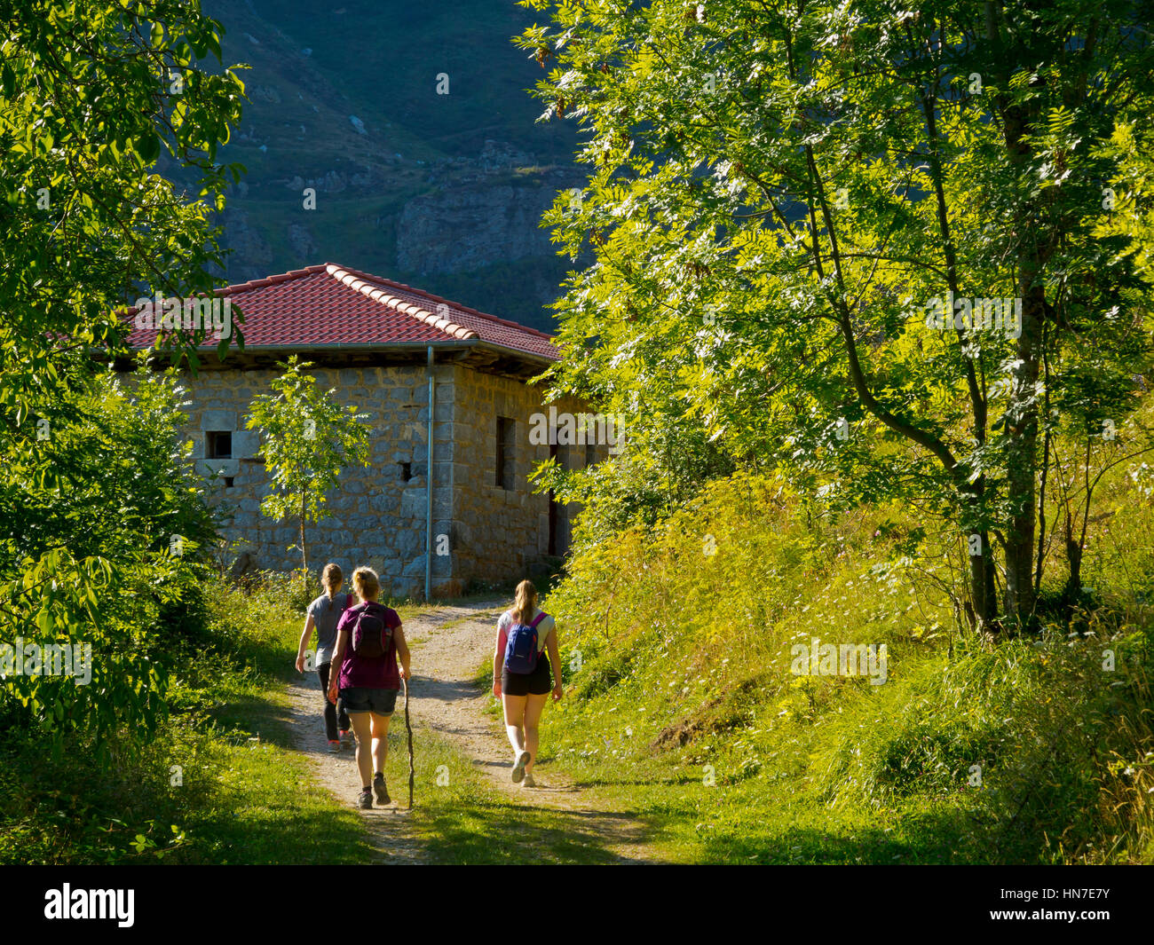 Donna con adolescenti escursionismo vicino Cucayo un villaggio di montagna nel Parco Nazionale di Picos de Europa in Cantabria Spagna settentrionale Foto Stock