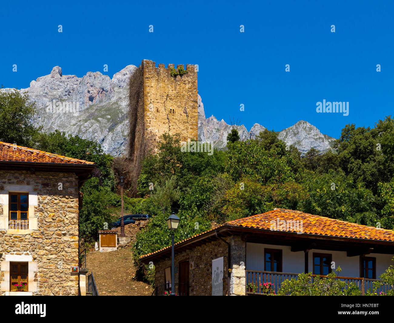 Torre medievale di Mogrovejo un villaggio di montagna nel Parco Nazionale di Picos de Europa Cantabria Spagna settentrionale Foto Stock