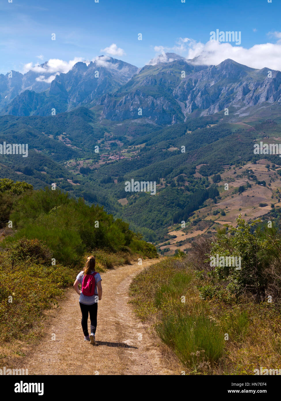 Ragazza adolescente passeggiate nel paesaggio di montagna vicino a Salarzon nel Parco Nazionale Picos de Europa in Cantabria Spagna settentrionale Foto Stock