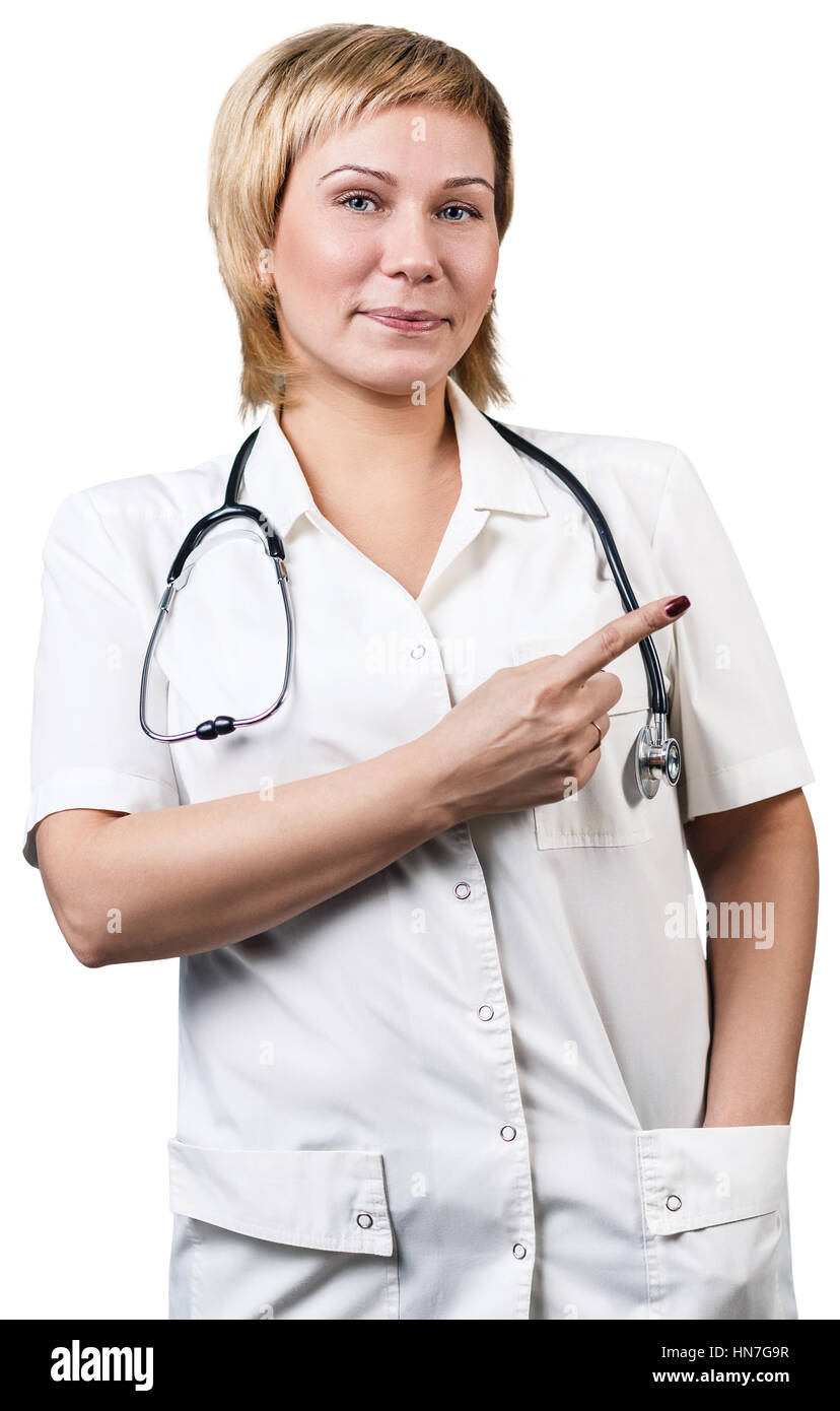 Donna sorridente medico puntare il dito Foto Stock