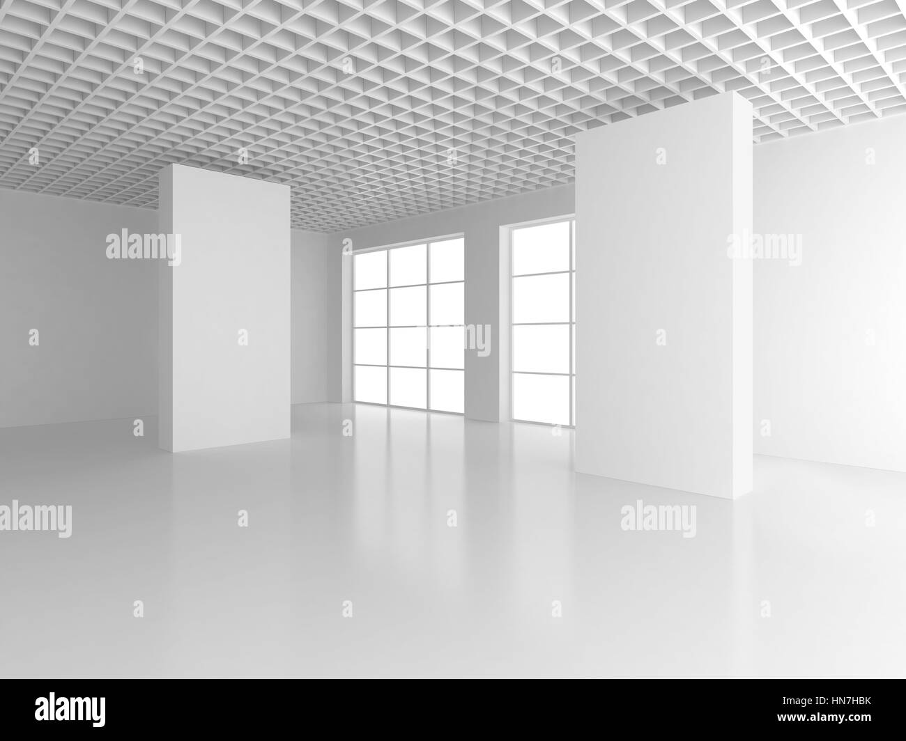 Schermata bianca vuota billboard in stanza vuota con grandi finestre, mock up, rendering 3D Foto Stock