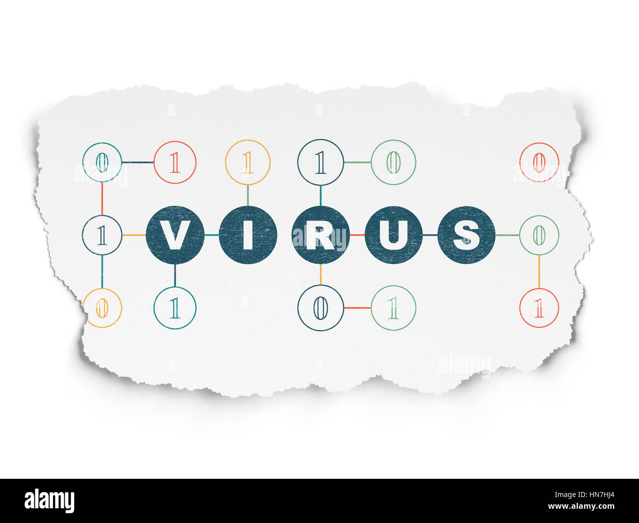Il concetto di protezione: dipinto di blu Virus di testo su carta strappata sfondo con schema di codice binario Foto Stock